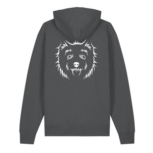 White outline illustration of the head of a West Highland Terrier on the back of an anthracite grey unisex Hoodie