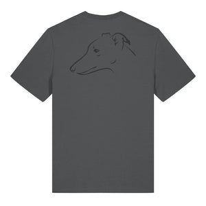 Black outline illustration of the head of a whippet on the back of an anthracite grey unisex t-shirt