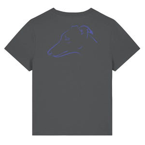 Blue outline illustration of the head of a Whippet on the back of an anthracite grey ladies t-shirt