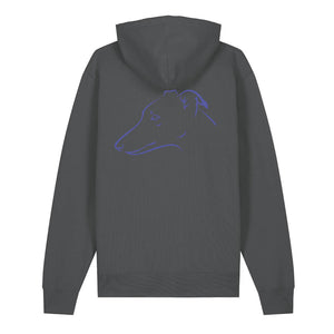 Blue outline illustration of the head of a Whippet on the back of an anthracite grey unisex Hoodie