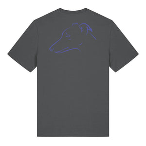 Blue outline illustration of the head of a whippet on the back of an anthracite grey unisex t-shirt