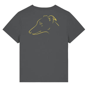 Gold outline illustration of the head of a Whippet on the back of an anthracite grey ladies t-shirt