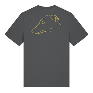 Gold outline illustration of the head of a whippet on the back of an anthracite grey unisex t-shirt