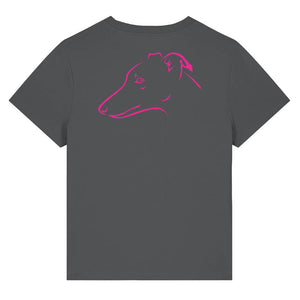 Magenta outline illustration of the head of a Whippet on the back of an anthracite grey ladies t-shirt
