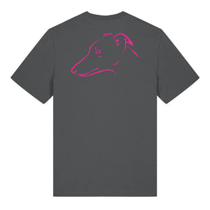 Magenta outline illustration of the head of a whippet on the back of an anthracite grey unisex t-shirt