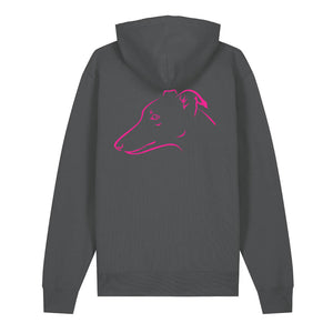 Magenta outline illustration of the head of a Whippet on the back of an anthracite grey unisex Hoodie
