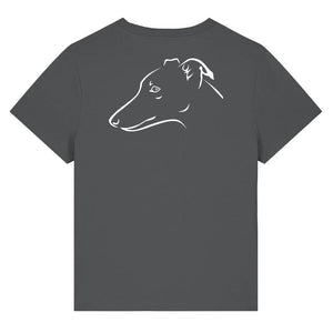 White outline illustration of the head of a Whippet on the back of an anthracite grey ladies t-shirt