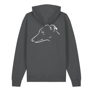 White outline illustration of the head of a Whippet on the back of an anthracite grey unisex Hoodie