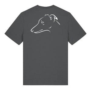 White outline illustration of the head of a whippet on the back of an anthracite grey unisex t-shirt