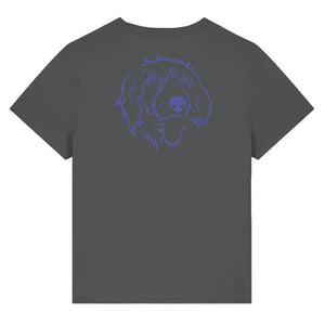 Blue outline illustration of the head of a Wirehaired Pointer on the back of an anthracite grey ladies t-shirt