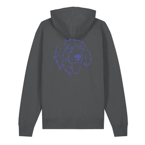 Blue outline illustration of the head of a Wirehaired Pointer on the back of an anthracite grey unisex Hoodie