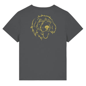 Gold outline illustration of the head of a Wirehaired Pointer on the back of an anthracite grey ladies t-shirt