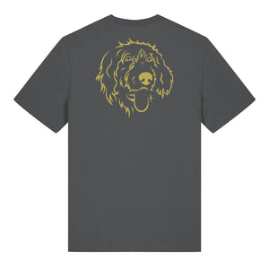 Gold outline illustration of the head of a Wirehaired Pointer on the back of an anthracite grey unisex t-shirt