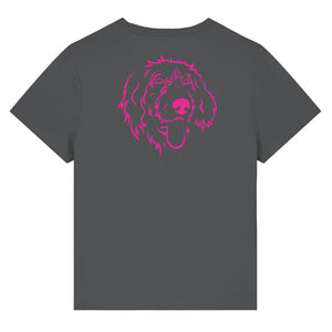 Magenta outline illustration of the head of a Wirehaired Pointer on the back of an anthracite grey ladies t-shirt