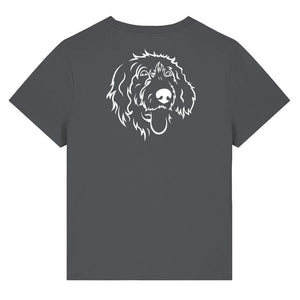 White outline illustration of the head of a Wirehaired Pointer on the back of an anthracite grey ladies t-shirt