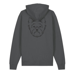 Black outline illustration of the head of a Yorkshire Terrier on the back of an anthracite grey unisex Hoodie