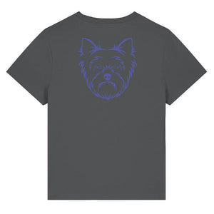Blue outline illustration of the head of a Yorkshire Terrier on the back of an anthracite grey ladies t-shirt