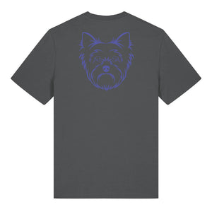 Blue outline illustration of the head of a Yorkshire Terrier on the back of an anthracite grey unisex t-shirt