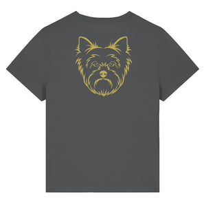 Gold outline illustration of the head of a Yorkshire Terrier on the back of an anthracite grey ladies t-shirt