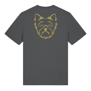 Gold outline illustration of the head of a Yorkshire Terrier on the back of an anthracite grey unisex t-shirt