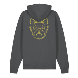 Gold outline illustration of the head of a Yorkshire Terrier on the back of an anthracite grey unisex Hoodie