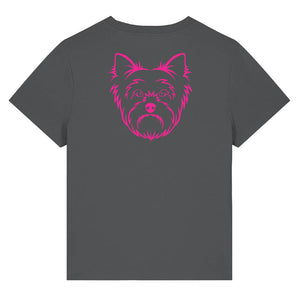 Magenta outline illustration of the head of a Yorkshire Terrier on the back of an anthracite grey ladies t-shirt