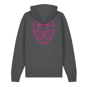 Magenta outline illustration of the head of a Yorkshire Terrier on the back of an anthracite grey unisex Hoodie