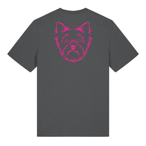 Magenta outline illustration of the head of a Yorkshire Terrier on the back of an anthracite grey unisex t-shirt