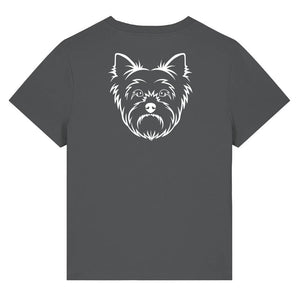 White outline illustration of the head of a Yorkshire Terrier on the back of an anthracite grey ladies t-shirt