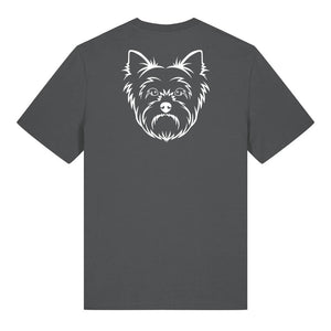 White outline illustration of the head of a Yorkshire Terrier on the back of an anthracite grey unisex t-shirt