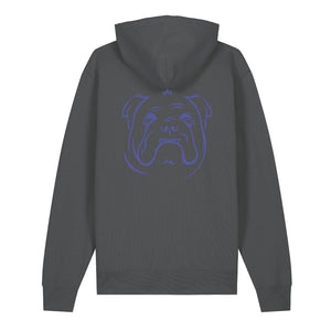 Blue outline illustration of the head of an English Bulldog on the back of an anthracite grey unisex Hoodie