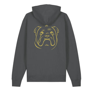 Gold outline illustration of the head of an English Bulldog on the back of an anthracite grey unisex Hoodie