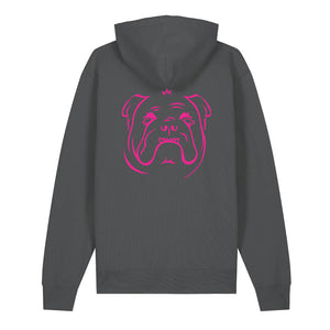 Magenta outline illustration of the head of an English Bulldog on the back of an anthracite grey unisex Hoodie