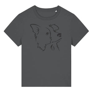 Black outline illustration of the head of a Border Collie on the front of an anthracite grey ladies t-shirt