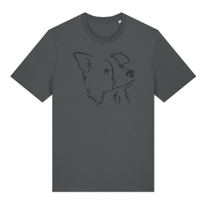 Black outline illustration of the head of a Border Collie on the front of an anthracite grey unisex t-shirt