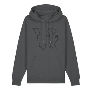 Black outline illustration of the head of a Border Collie on the front of an anthracite grey unisex Hoodie