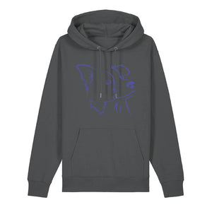 Blue outline illustration of the head of a Border Collie on the front of an anthracite grey unisex Hoodie