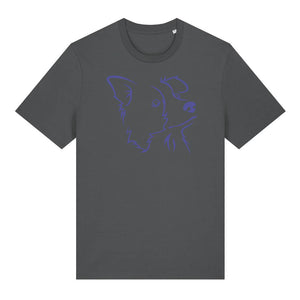 Blue outline illustration of the head of a Border Collie on the front of an anthracite grey unisex t-shirt