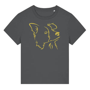 Gold outline illustration of the head of a Border Collie on the front of an anthracite grey ladies t-shirt