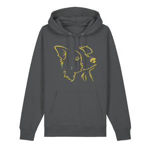 Gold outline illustration of the head of a Border Collie on the front of an anthracite grey unisex Hoodie