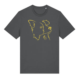 Gold outline illustration of the head of a Border Collie on the front of an anthracite grey unisex t-shirt