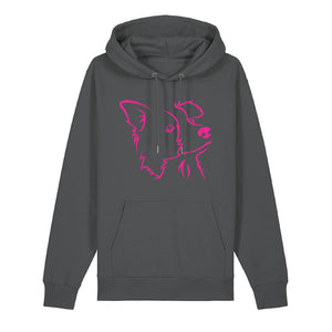 Magenta outline illustration of the head of a Border Collie on the front of an anthracite grey unisex Hoodie