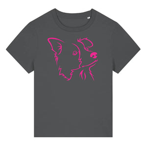 Magentaoutline illustration of the head of a Border Collie on the front of an anthracite grey ladies t-shirt