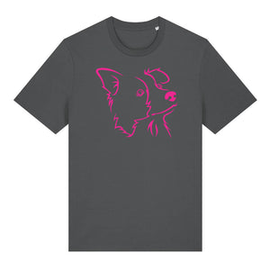 Magenta outline illustration of the head of a Border Collie on the front of an anthracite grey unisex t-shirt