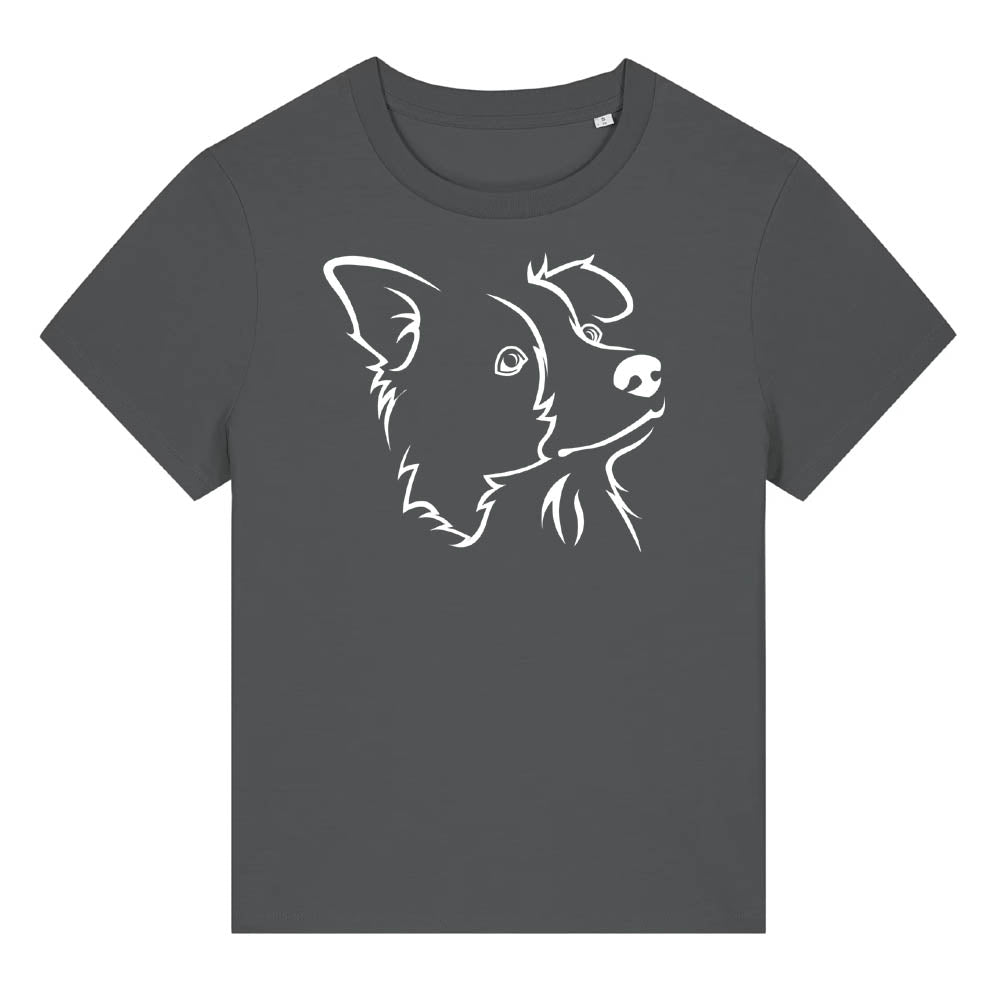 White outline illustration of the head of a Border Collie on the front of an anthracite grey ladies t-shirt