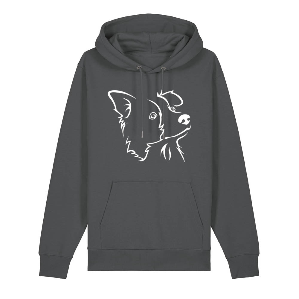 White outline illustration of the head of a Border Collie on the front of an anthracite grey unisex Hoodie