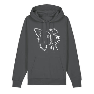 White outline illustration of the head of a Border Collie on the front of an anthracite grey unisex Hoodie