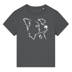 White outline illustration of the head of a Border Collie on the front of an anthracite grey ladies t-shirt