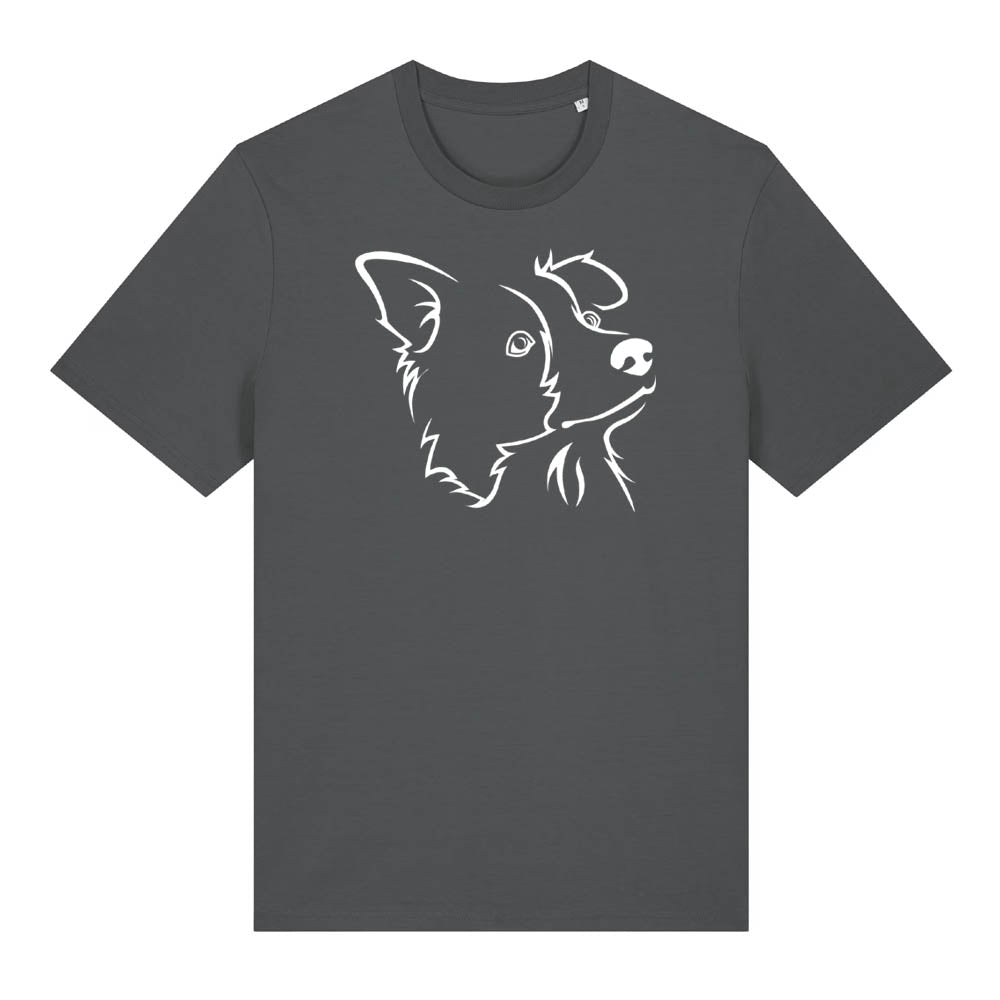 White outline illustration of the head of a Border Collie on the front of an anthracite grey unisex t-shirt