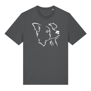 White outline illustration of the head of a Border Collie on the front of an anthracite grey unisex t-shirt